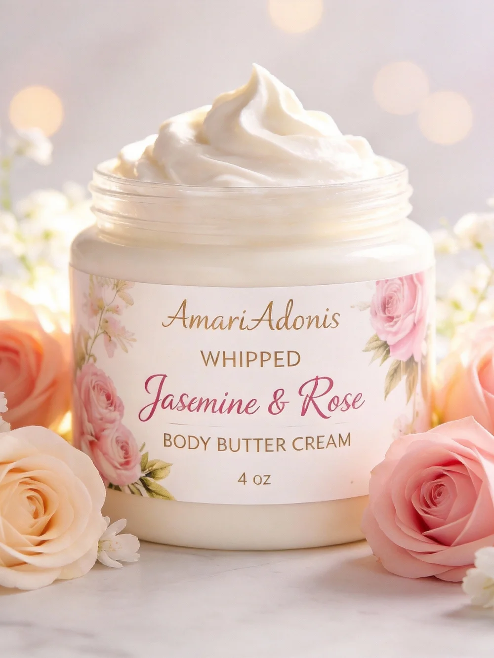 AmariAdonis Whipped Jasmine & Rose Body Butter Cream — White 6oz